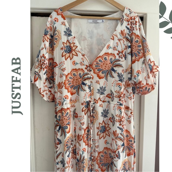 JUSTFAB Boho Floral Maxi Dress Cream Orange Lined Flutter Sleeve – Size XXL - Picture 3 of 10